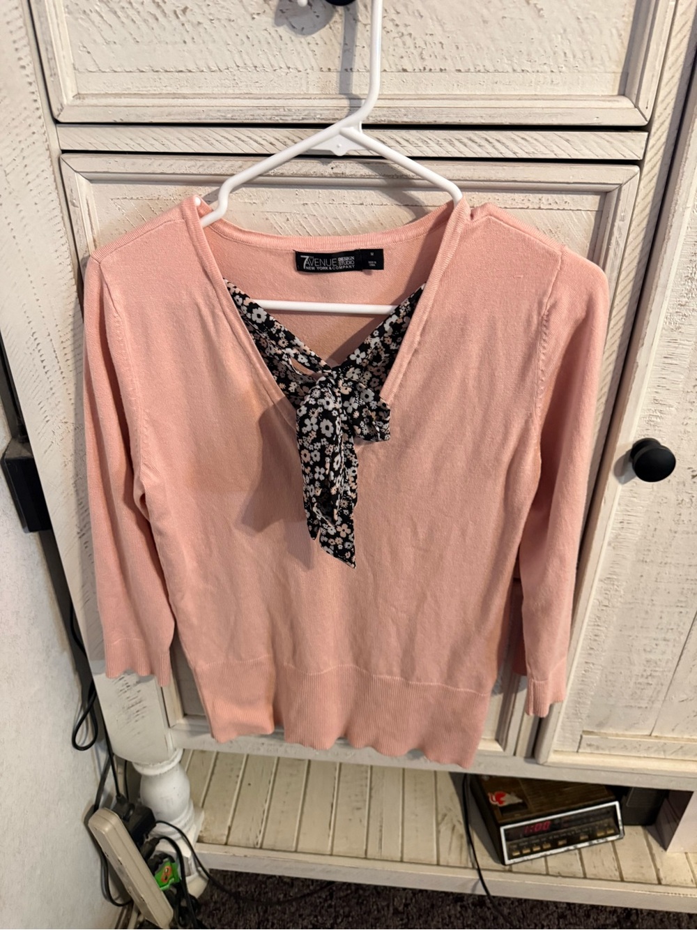 New York & Company Pink V-Neck Sweater with Floral Tie